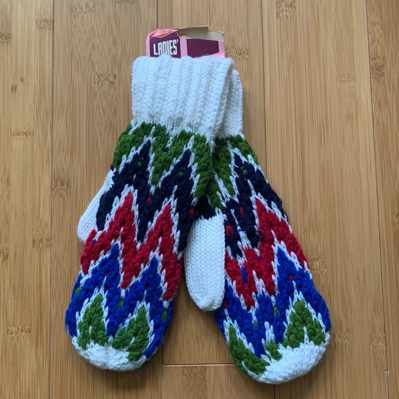 Vintage 1970s Blue Green Red White Bulky Knit Tiffani Mittens Winter Gloves - Picture 2 of 14
